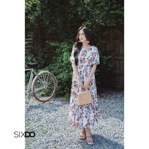 Đầm hoa midi chun eo tay phồng thời trang trẻ trung SIXDO (Cream Floral Midi Chiffon Dress)