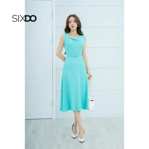 Đầm lụa midi màu ngọc lam có thắt lưng thời trang SIXDO (Turquoise Midi Silk Dress With Belt)