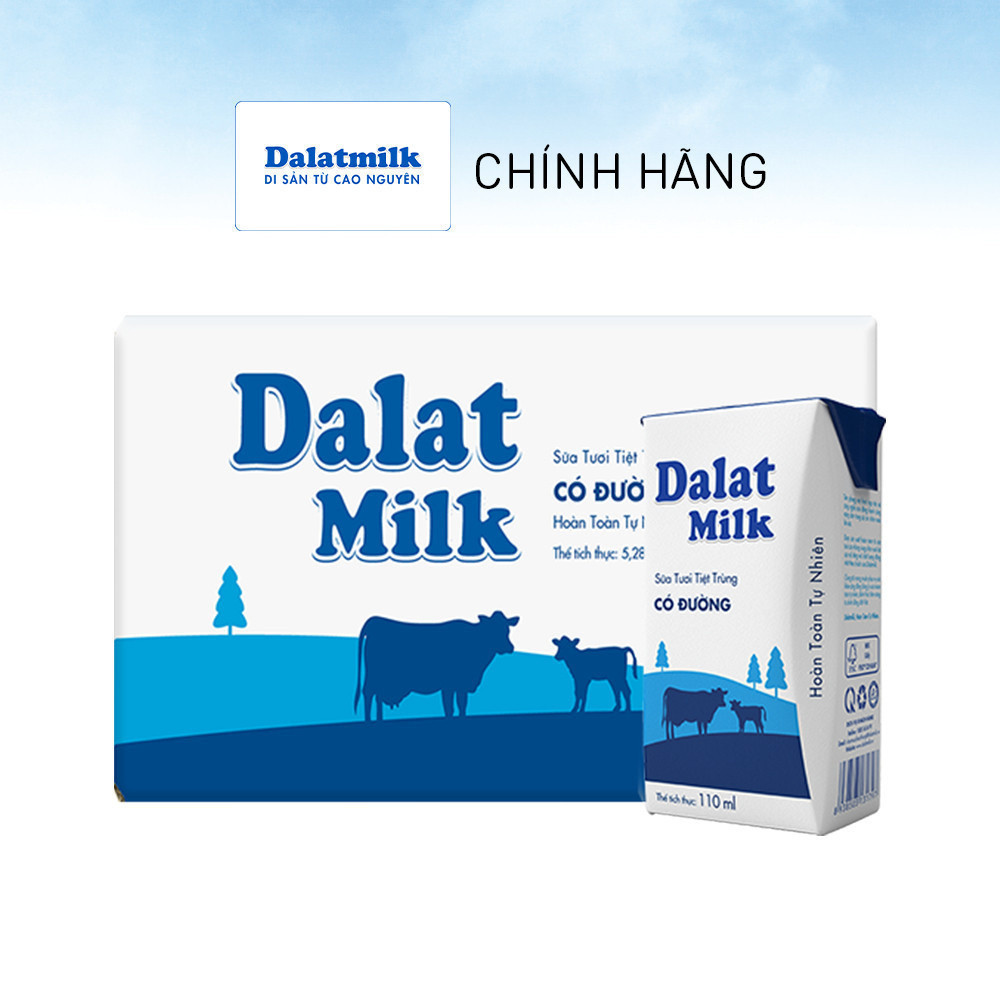 Thùng 48 hộp sữa tươi tiệt trùng Dalatmilk có đường 110 ml (110 ml x 48)