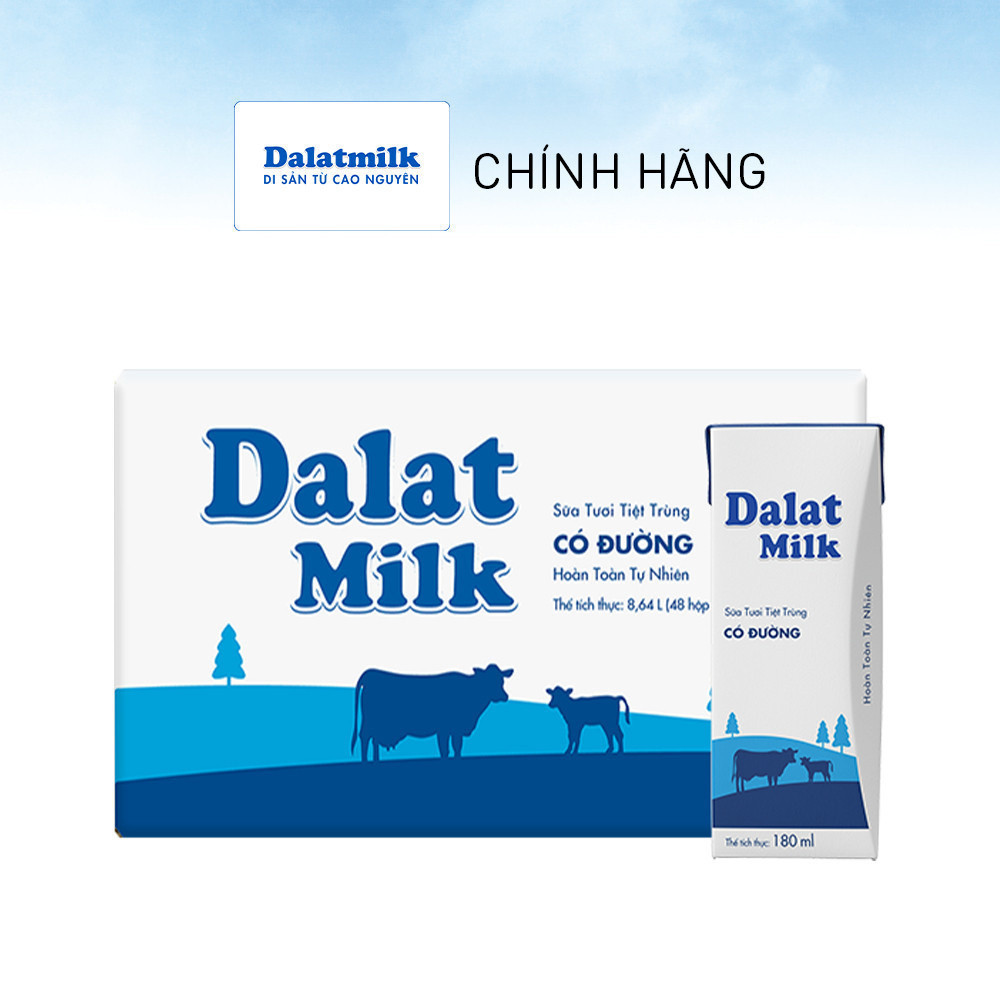 Thùng 48 hộp sữa tươi tiệt trùng  Dalatmilk có đường 180 ml (180 ml x 48)