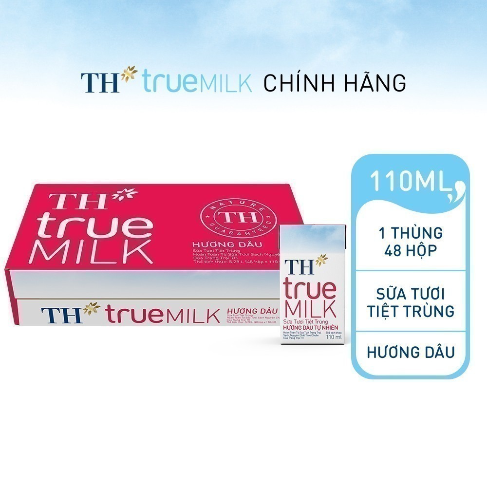 [LIVE STREAM] Thùng 48 hộp sữa tươi tiệt trùng TH true MILK hương dâu tự nhiên 110 ml (110 ml x 48)