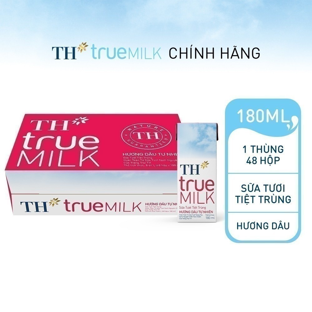 [LIVE STREAM] Thùng 48 hộp sữa tươi tiệt trùng TH true MILK hương dâu tự nhiên 180 ml (180 ml x 48)