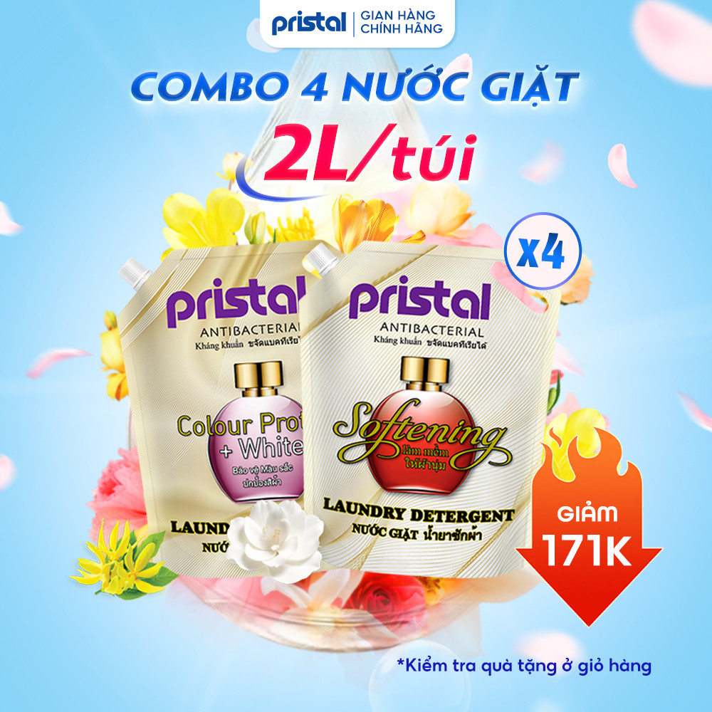 Ảnh Combo 4 nước giặt sinh học Pristal giữ màu, làm mềm vải, túi 2L nước giặt quần áo an toàn cho da em bé 1
