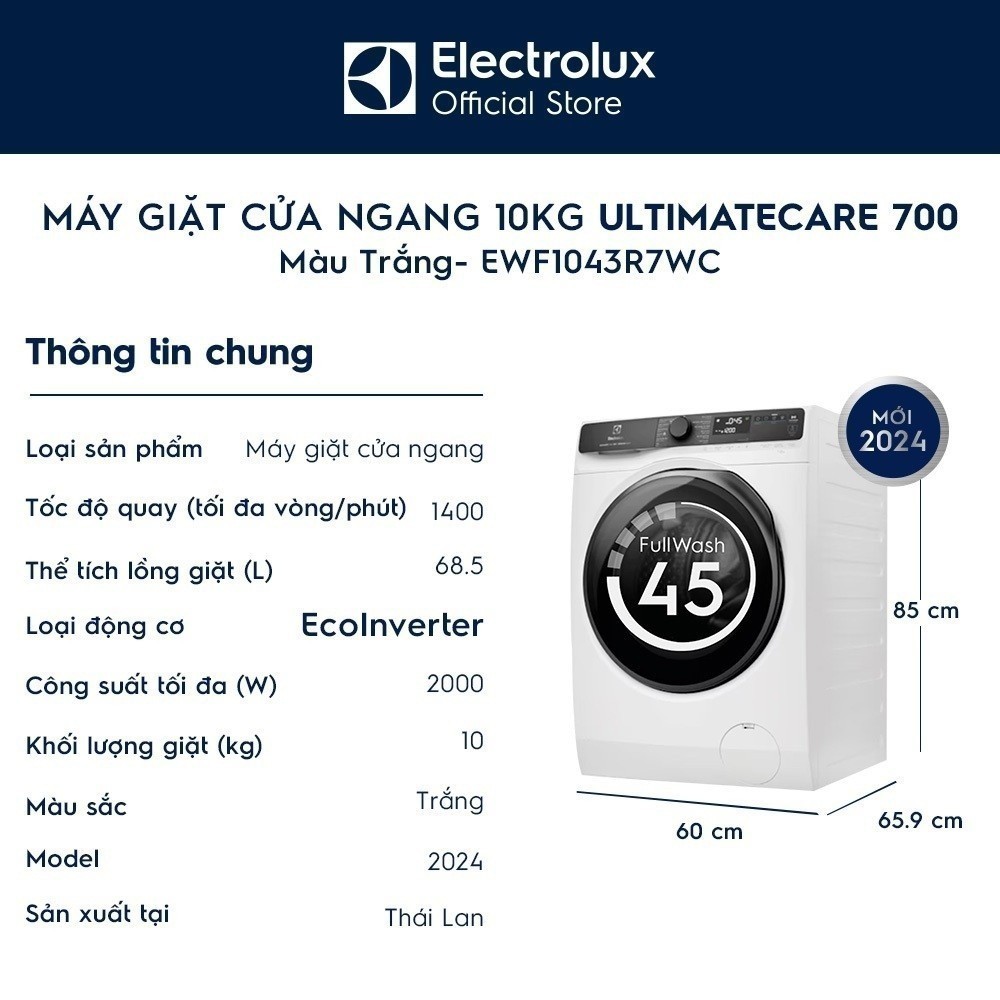 Ảnh Free giao lắp - Máy giặt cửa ngang Electrolux 10kg UltimateCare 700 - Trắng EWF1043R7WC 4