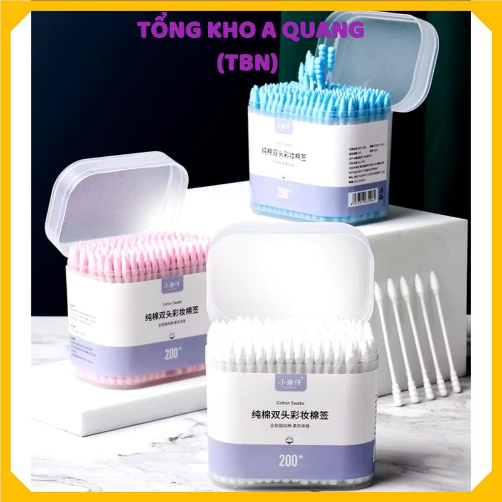 BÔNG TĂM 2 ĐẦU, Hộp 200 Tăm Bông Ngoáy Tai Xoắn Ốc 2 Đầu Tăm Bông Ngoái Tai Hộp 200 Cái 2 Đầu Mềm Mại - MA:BONGTAM