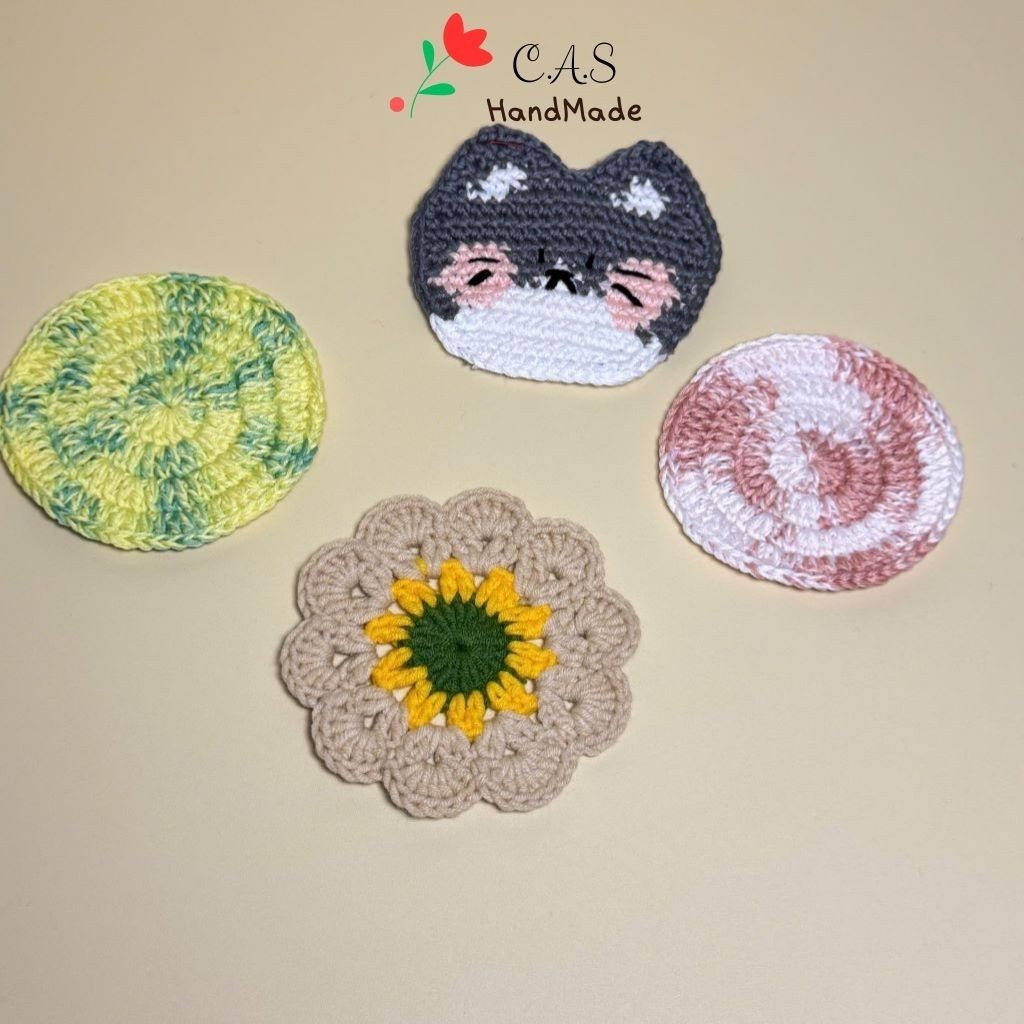 [Có sẵn] Miếng lót ly bằng len handmade nhiều mẫu mã thấm nước lót cốc hoa, mèo, trang trí bàn bếp