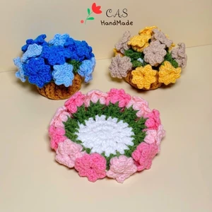 Đế lót ly hoa chuông, hoa hồng bằng len handmade xinh xắn trang trí bàn, có chậu thấm nước