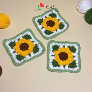 Lót ly hoa hướng dương hình vuông handmade bằng len cotton milk125g xinh xắn trang trí bàn