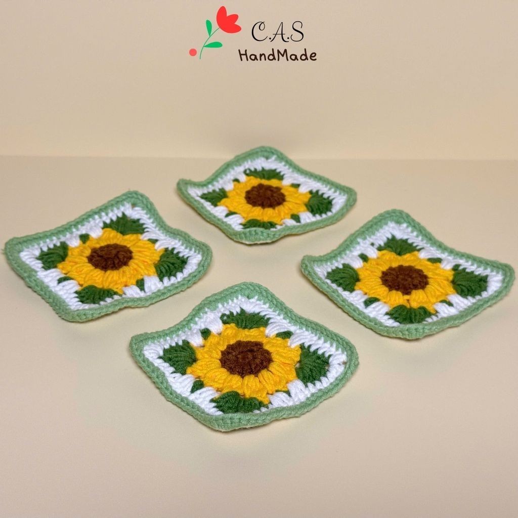 [Có sẵn] Lót ly hoa hướng dương hình vuông handmade bằng len cotton milk125g xinh xắn trang trí bàn