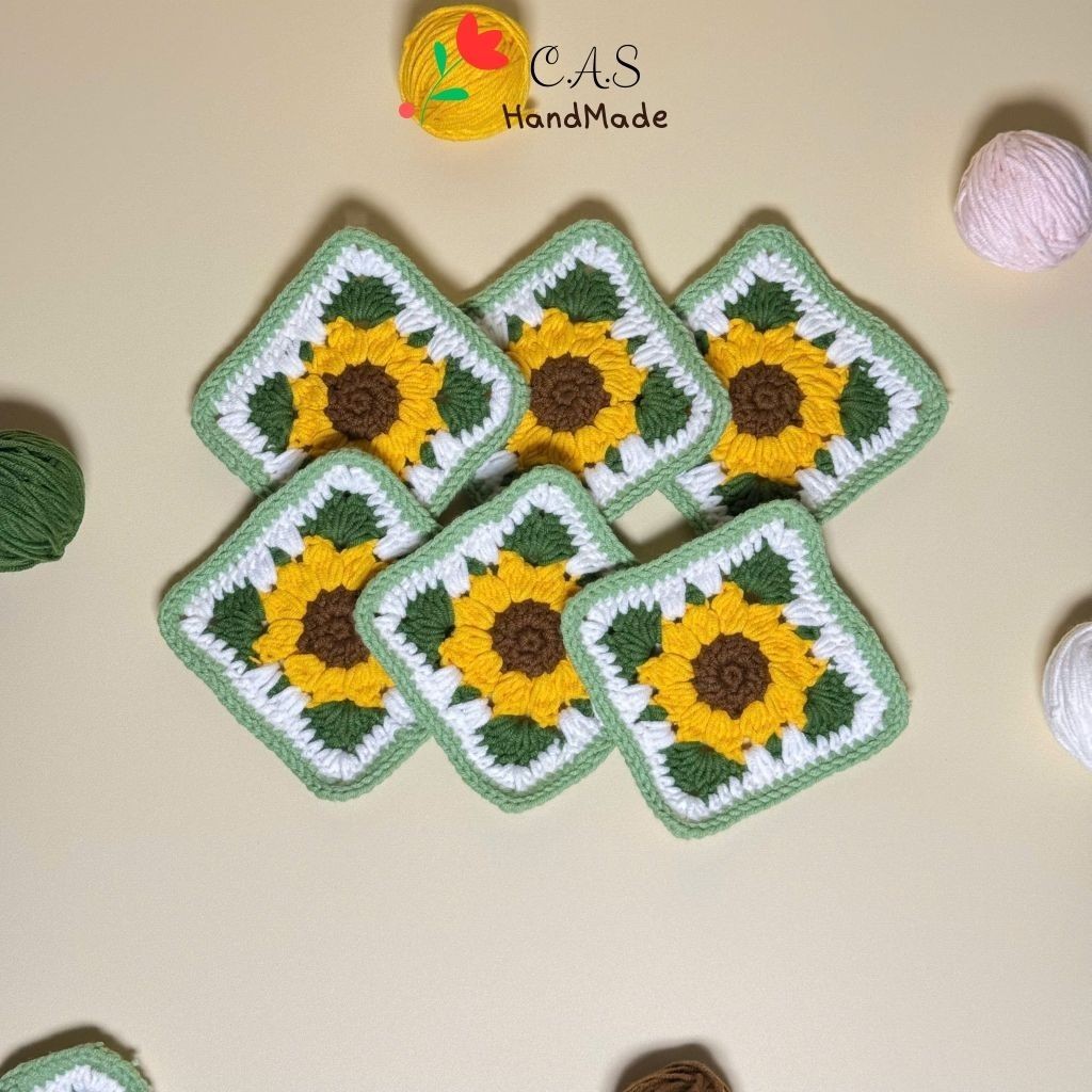 [Có sẵn] Lót ly hoa hướng dương hình vuông handmade bằng len cotton milk125g xinh xắn trang trí bàn