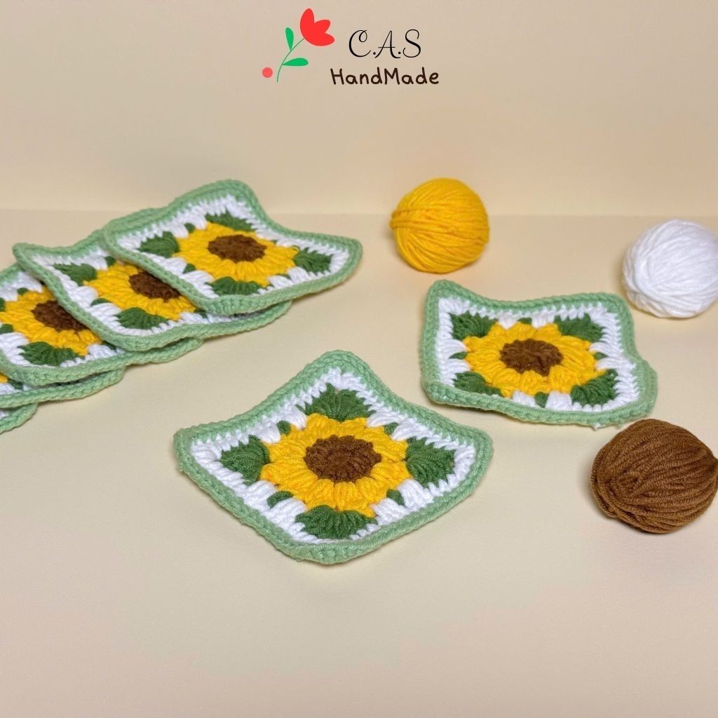 [Có sẵn] Lót ly hoa hướng dương hình vuông handmade bằng len cotton milk125g xinh xắn trang trí bàn