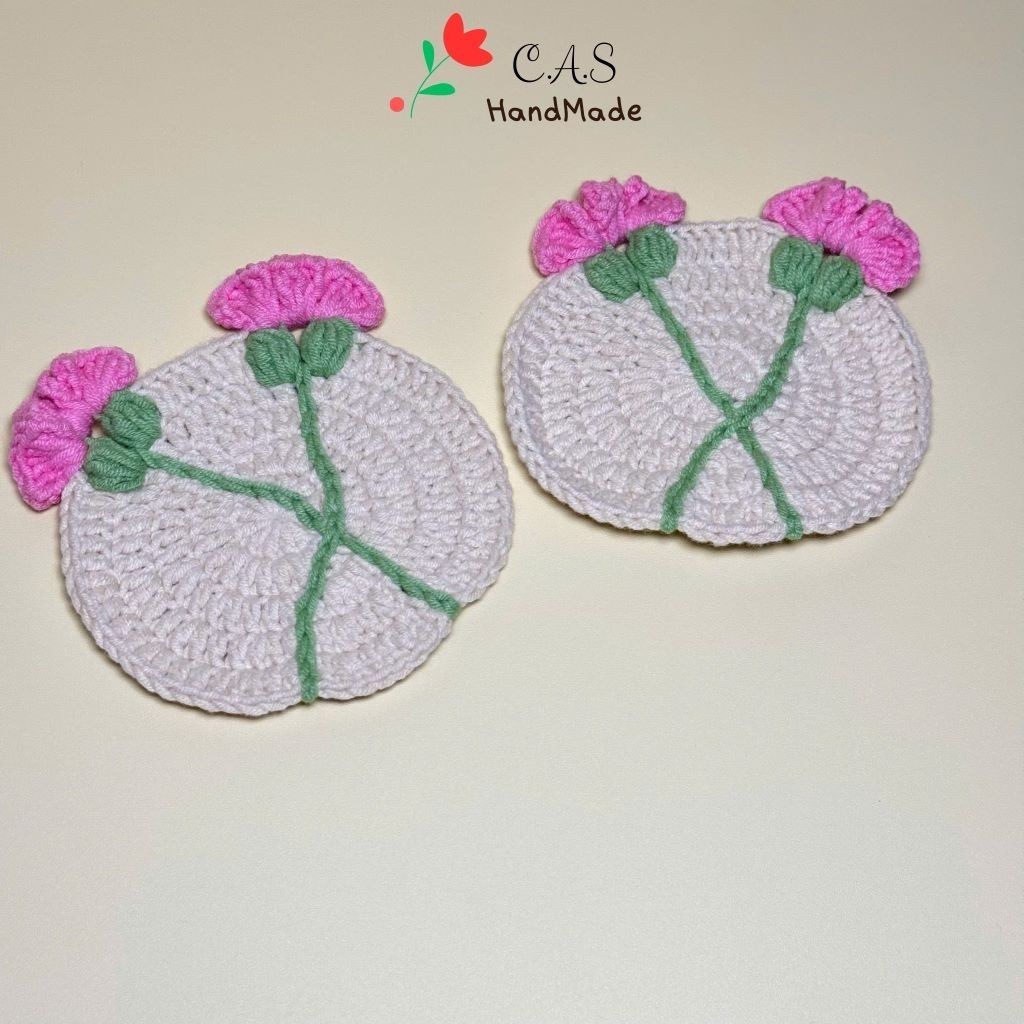 [Có sẵn] Lót ly nhành hoa cẩm chướng handmade bằng len thấm nước cute