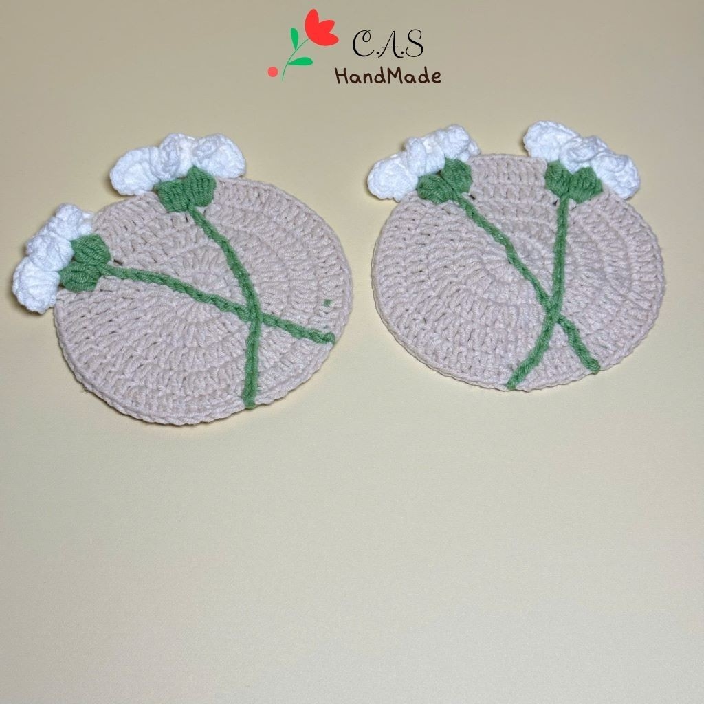 [Có sẵn] Lót ly nhành hoa cẩm chướng handmade bằng len thấm nước cute