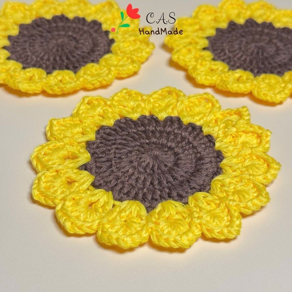 [Có sẵn] Lót ly hoa hướng dương bằng len sợi cotton, handmade thấm nước