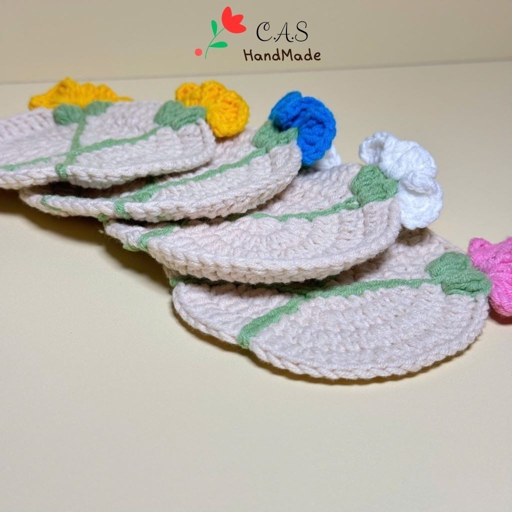 [Có sẵn] Lót ly nhành hoa cẩm chướng handmade bằng len thấm nước cute