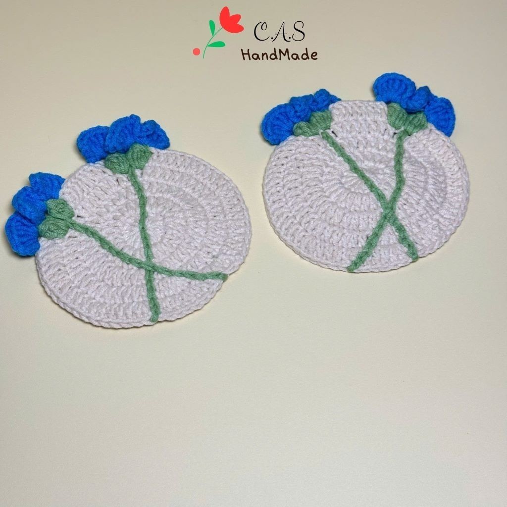 [Có sẵn] Lót ly nhành hoa cẩm chướng handmade bằng len thấm nước cute