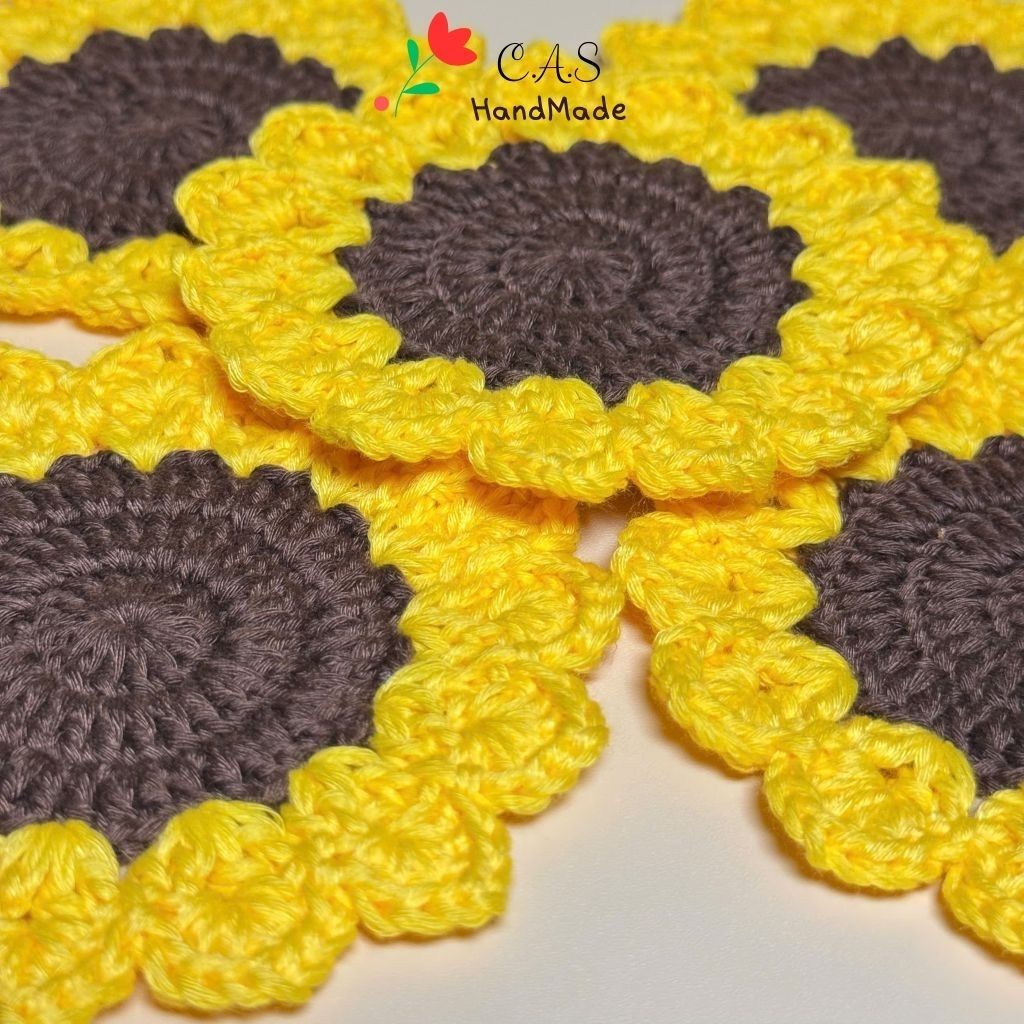 [Có sẵn] Lót ly hoa hướng dương bằng len sợi cotton, handmade thấm nước