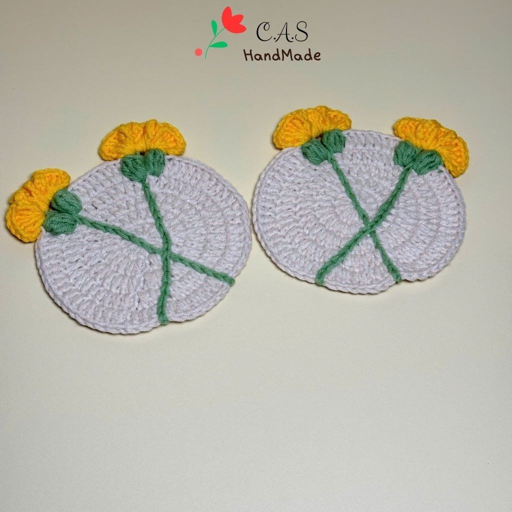 [Có sẵn] Lót ly nhành hoa cẩm chướng handmade bằng len thấm nước cute