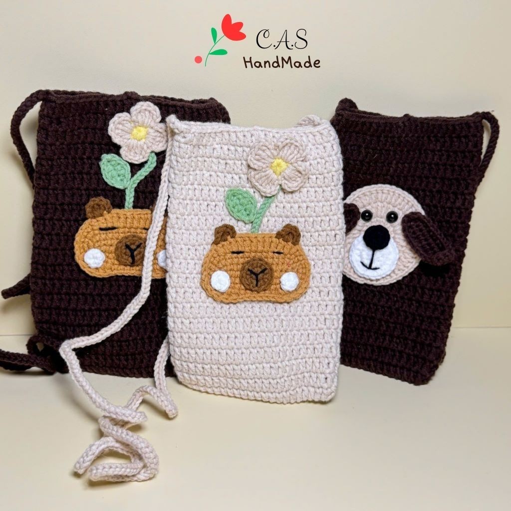 [Có sẵn] Túi đựng điện thoại 11x17cm đeo chéo bằng len handmade cute, có dây