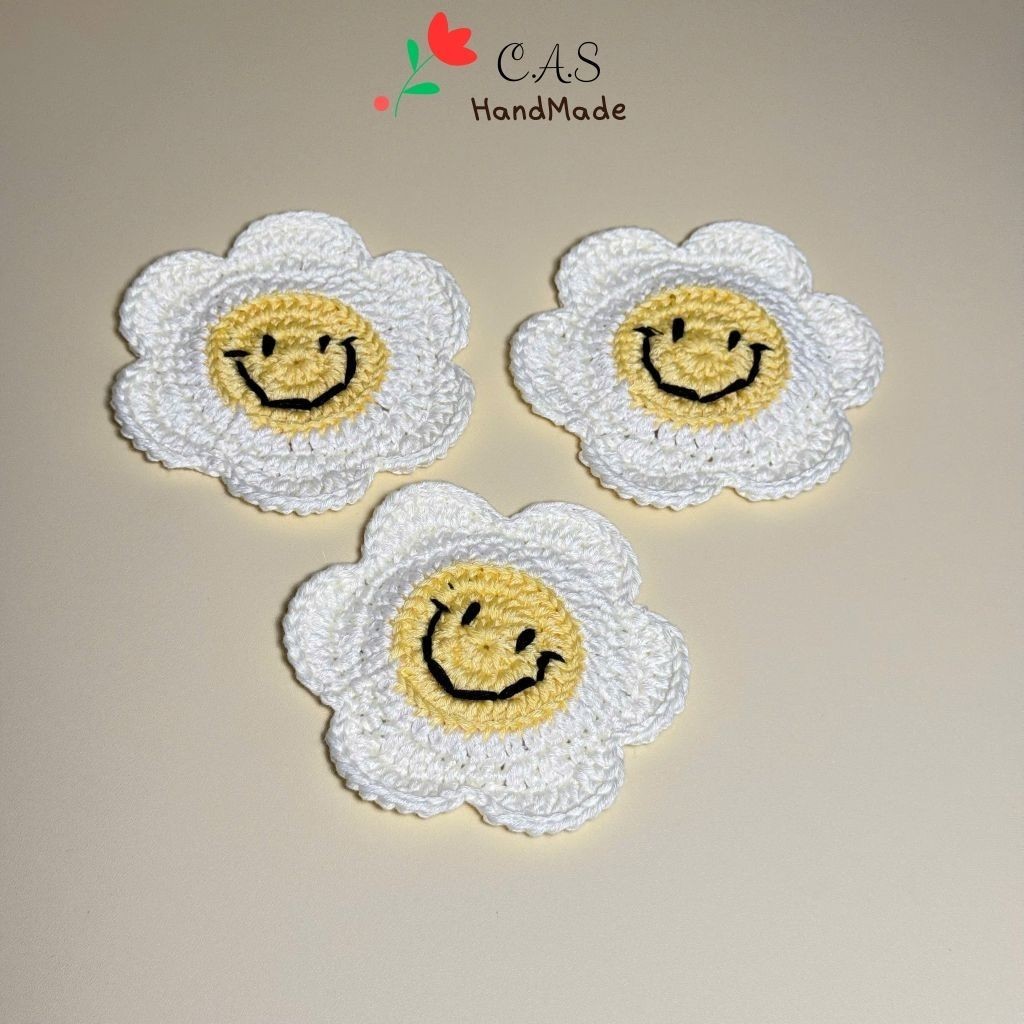 [Có sẵn] Lót ly hoa mặt cười handmade len cotton milk 125g dễ thương, thấm hút