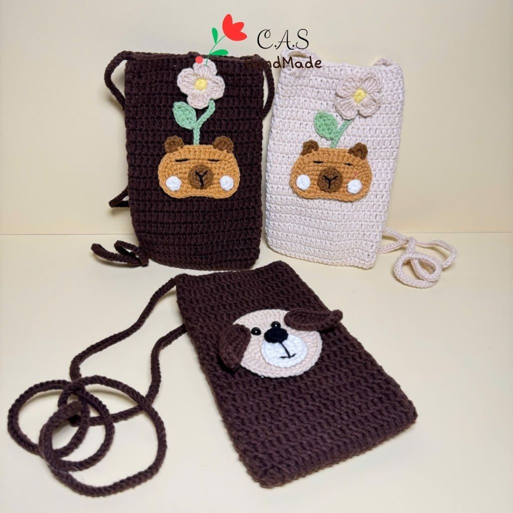 [Có sẵn] Túi đựng điện thoại 11x17cm đeo chéo bằng len handmade cute, có dây
