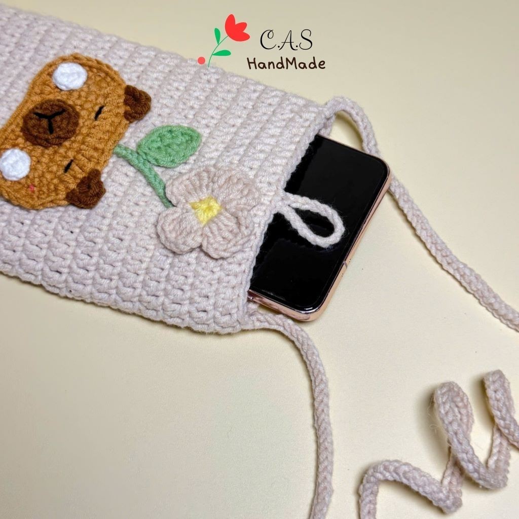 [Có sẵn] Túi đựng điện thoại 11x17cm đeo chéo bằng len handmade cute, có dây
