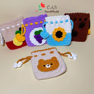 Túi dây rút mini 9x10cm đựng trang sức, son, tai nghe, phụ kiện bằng len handmade