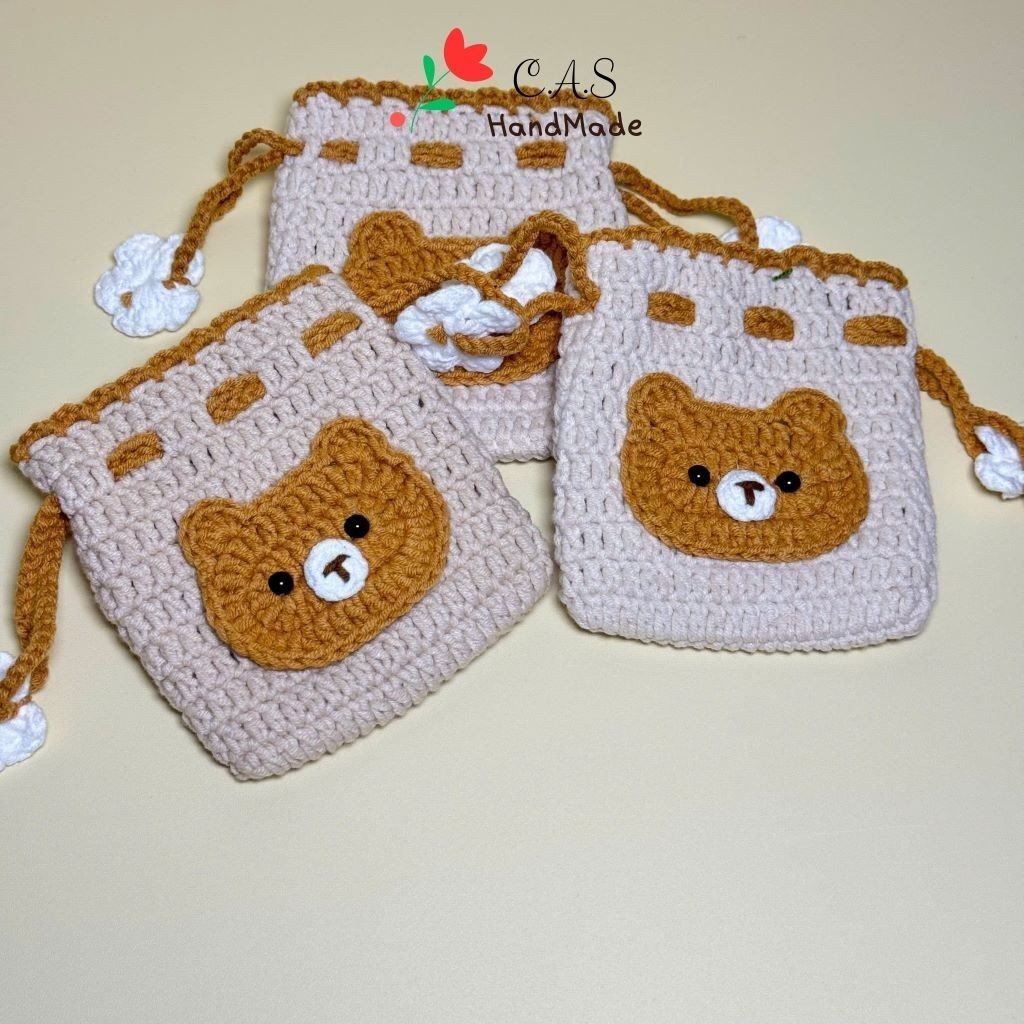[Có sẵn] Túi dây rút mini 9x10cm đựng trang sức, son, tai nghe, phụ kiện bằng len handmade