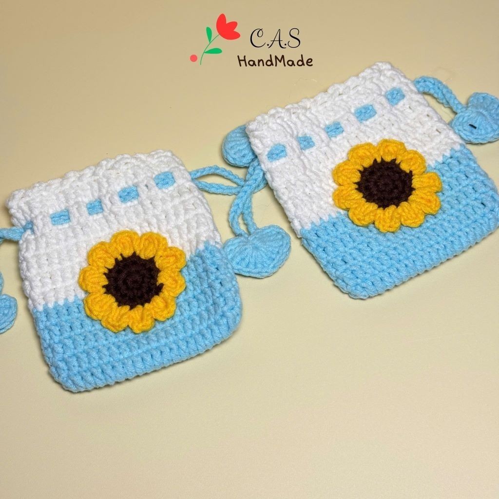 [Có sẵn] Túi dây rút mini 9x10cm đựng trang sức, son, tai nghe, phụ kiện bằng len handmade
