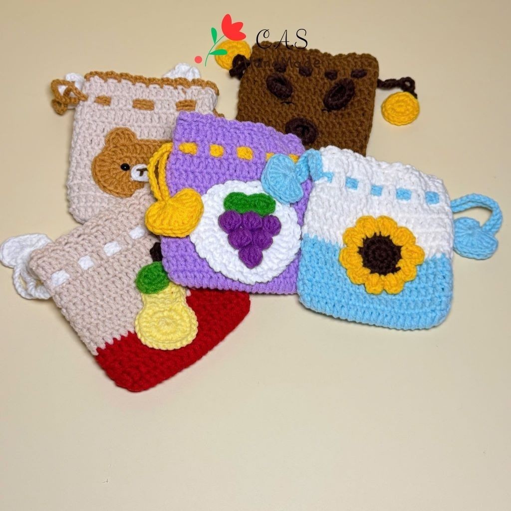 [Có sẵn] Túi dây rút mini 9x10cm đựng trang sức, son, tai nghe, phụ kiện bằng len handmade