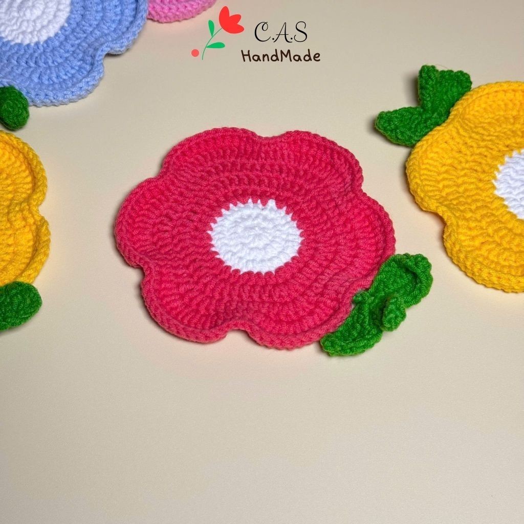 [Có sẵn] Lót ly hoa có lá len cotton milk 125g handmade nhiều màu xinh xắn thấm nước
