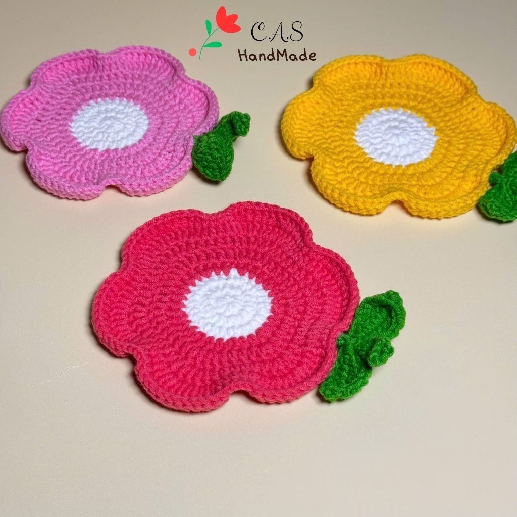 [Có sẵn] Lót ly hoa có lá len cotton milk 125g handmade nhiều màu xinh xắn thấm nước