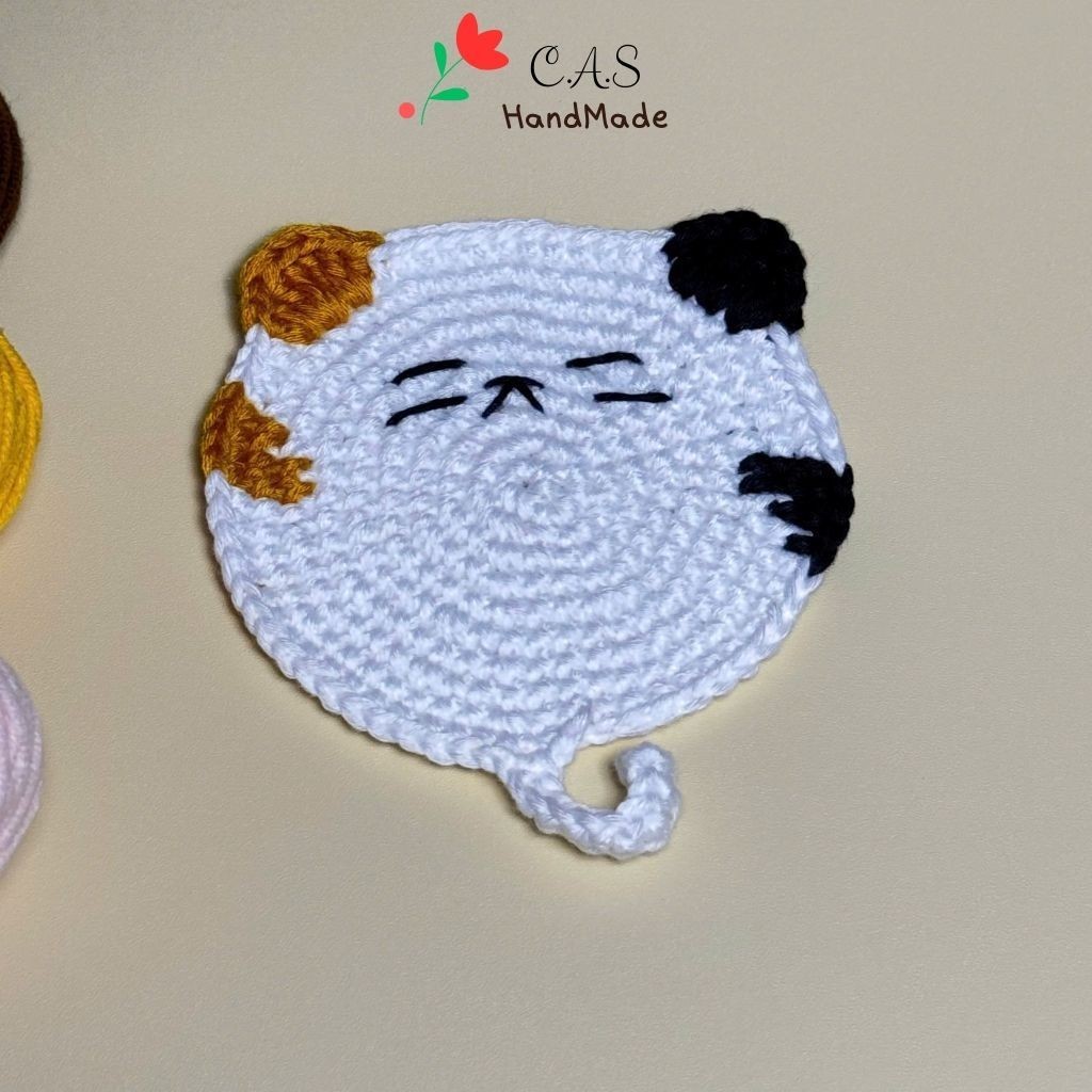 [Có sẵn] Lót ly mèo handmade sợi len cotton dễ thương thấm hút