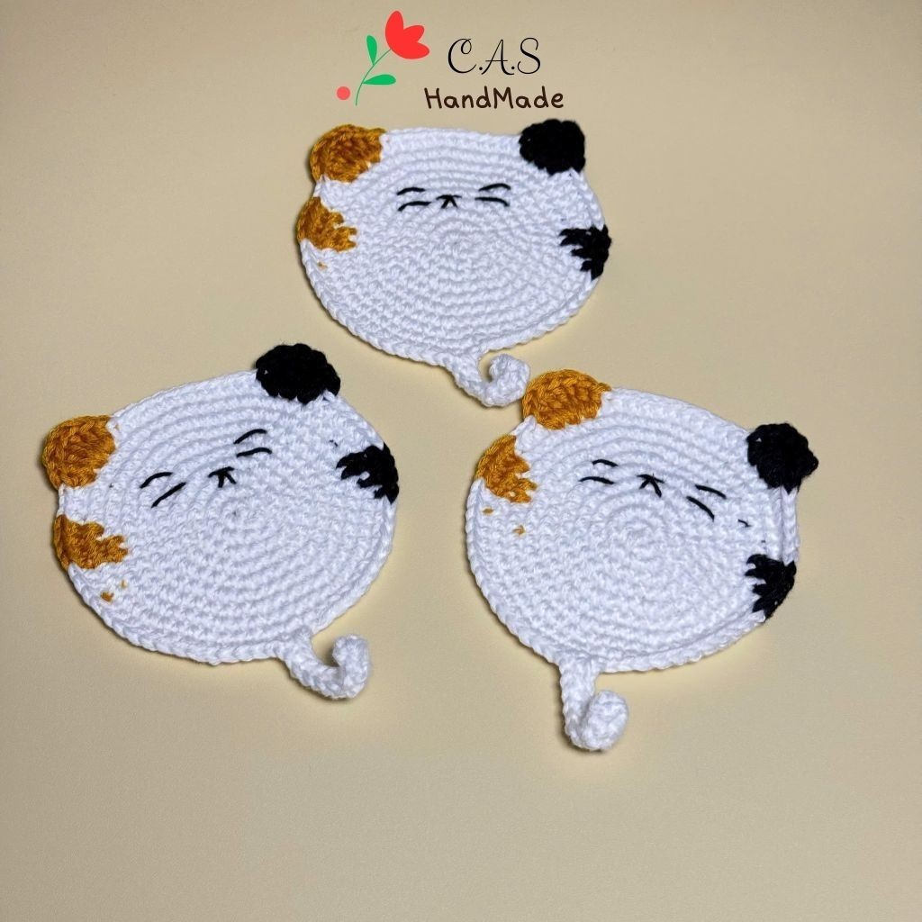 [Có sẵn] Lót ly mèo handmade sợi len cotton dễ thương thấm hút