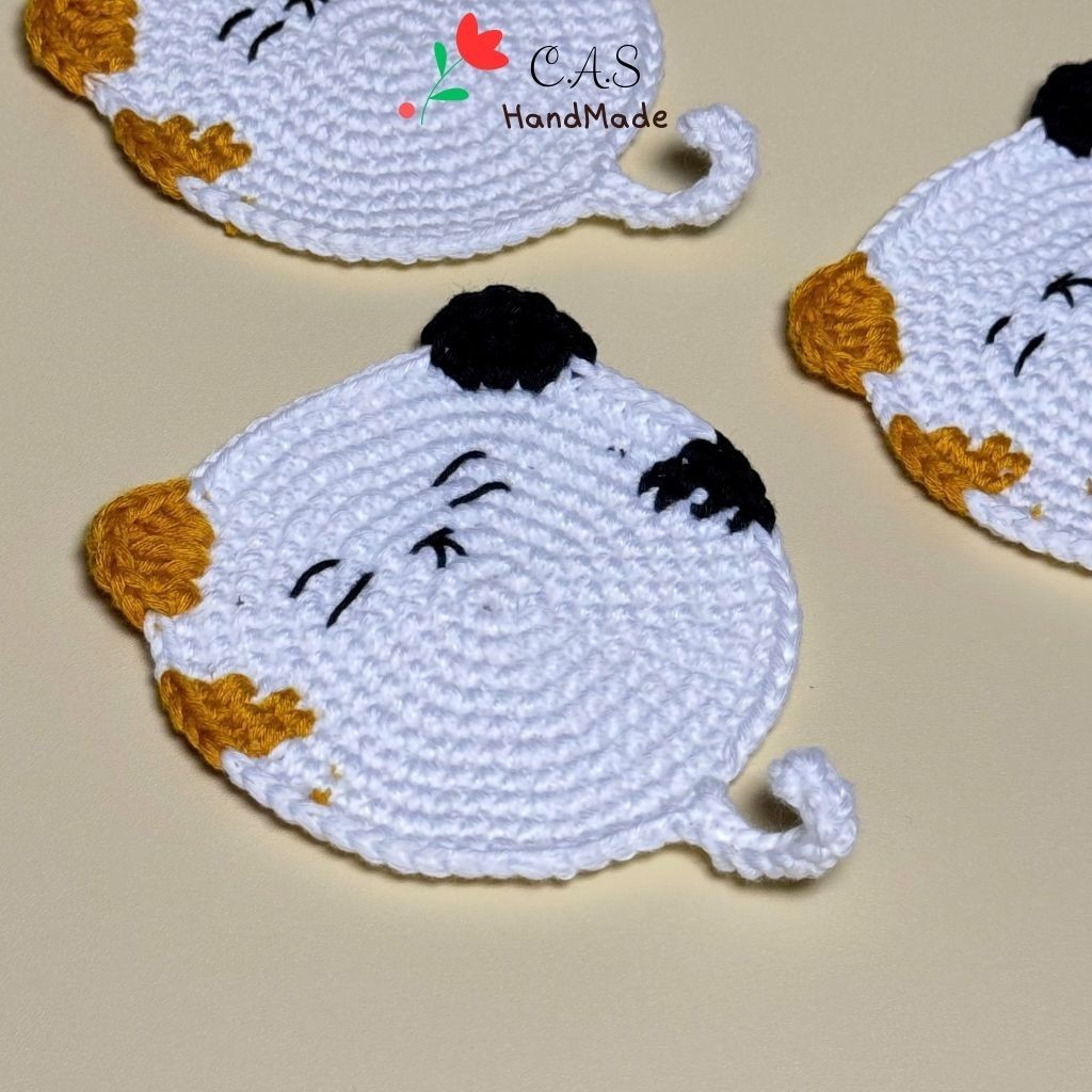 [Có sẵn] Lót ly mèo handmade sợi len cotton dễ thương thấm hút