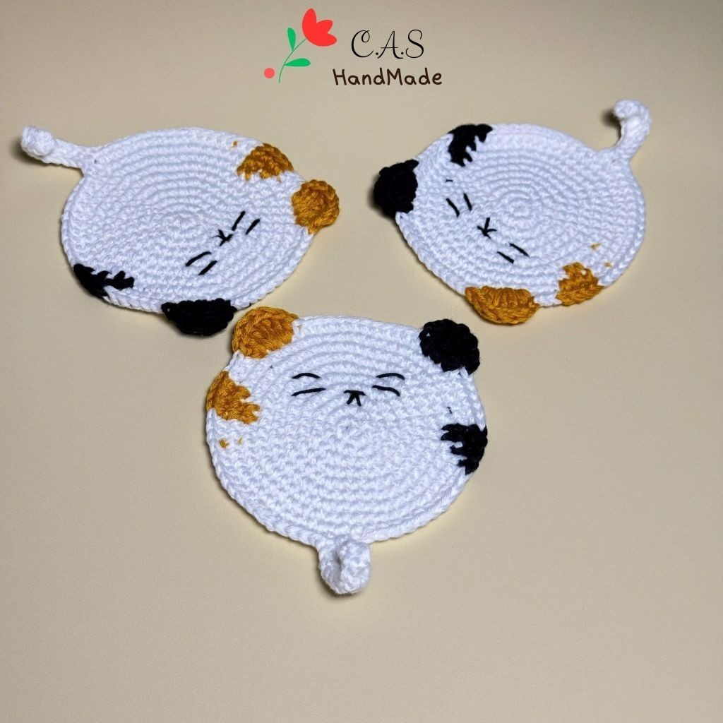 [Có sẵn] Lót ly mèo handmade sợi len cotton dễ thương thấm hút
