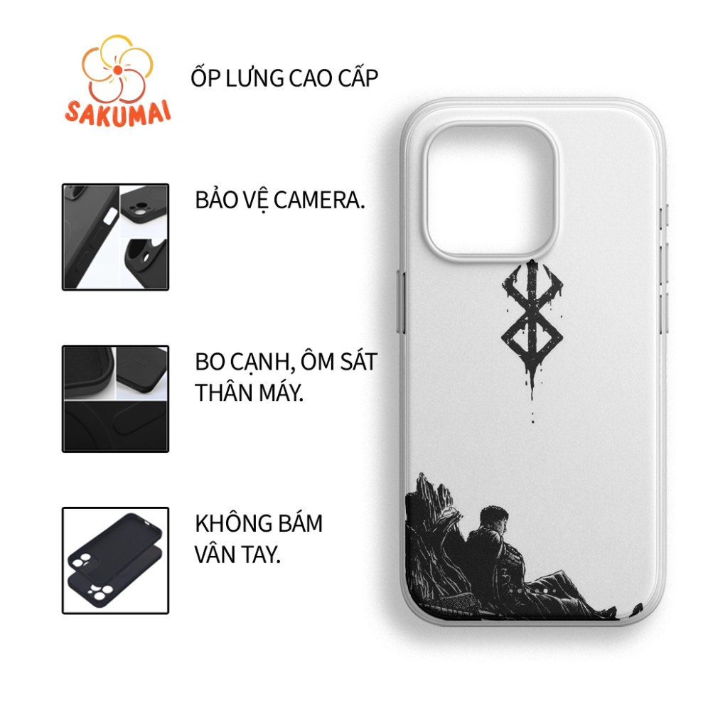 Ốp Lưng, Ốp Lưng Iphone Berserk Kính Cường Lực Cạnh Vuông, Chống Sốc, Bảo Vệ Camera 16promax/ 16pro/ 16plus/16 - SakuMai
