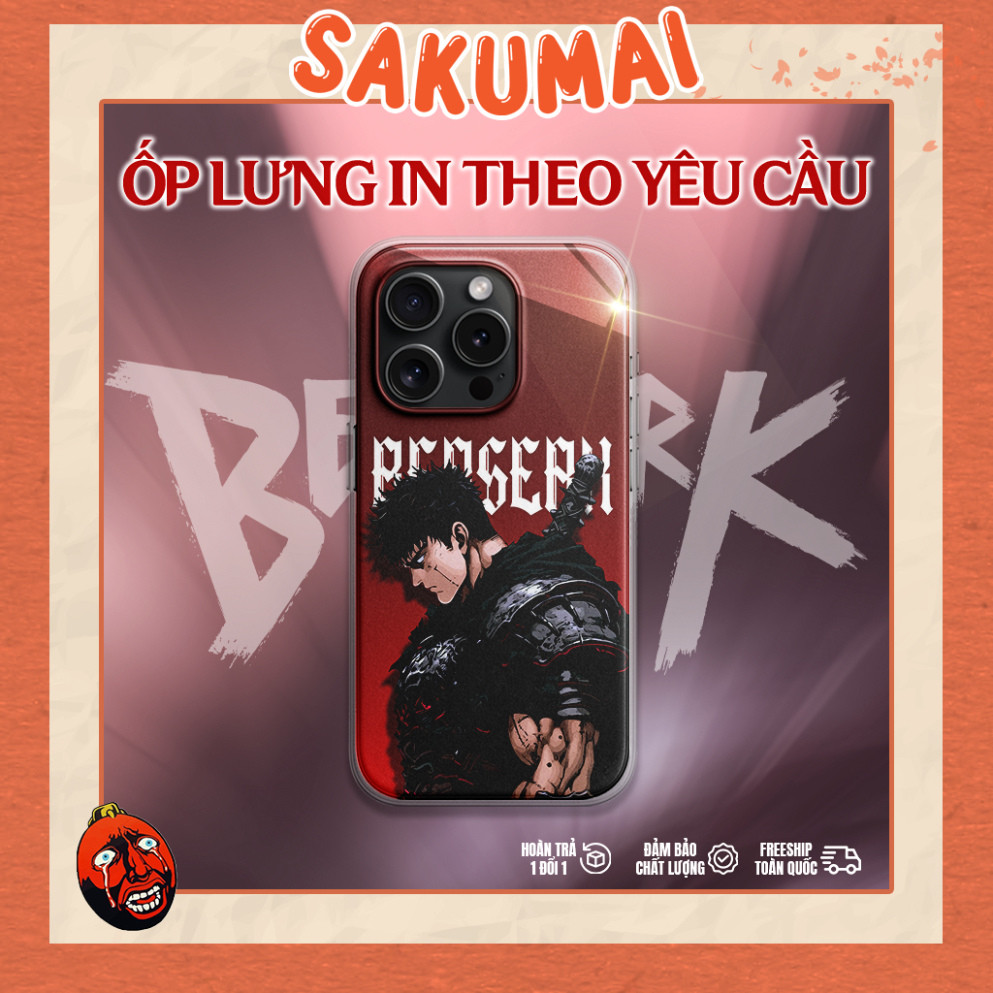 Ốp Lưng, Ốp Lưng Iphone Berserk Kính Cường Lực Cạnh Vuông, Chống Sốc, Bảo Vệ Camera 16promax/ 16pro/ 16plus/16 - SakuMai