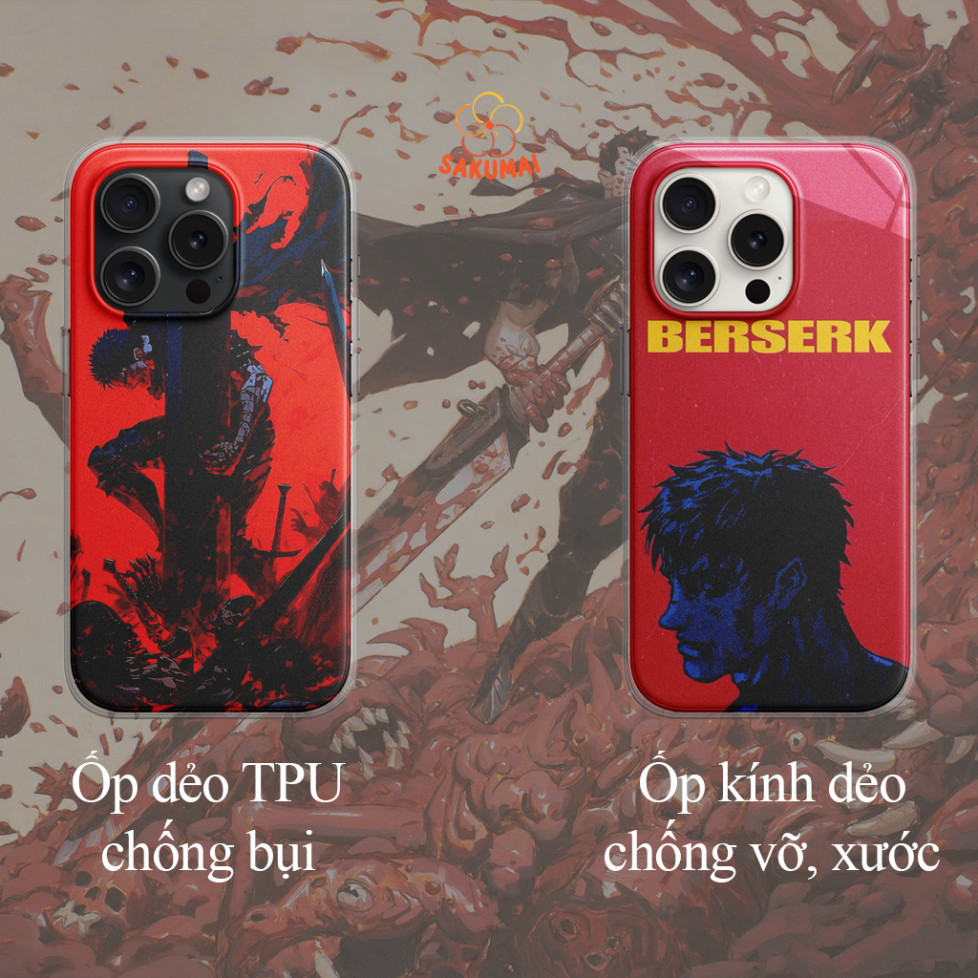 Ốp Lưng, Ốp Lưng Iphone Berserk Kính Cường Lực Cạnh Vuông, Chống Sốc, Bảo Vệ Camera 16promax/ 16pro/ 16plus/16 - SakuMai