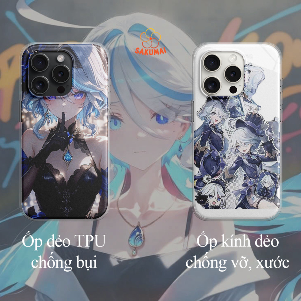 Ốp Anime, Ốp Lưng iPhone Genshin Impact Furina Mặt Kính Cao Cấp,Bảo Vệ Camera iP X/XS/XR/11/12/13/14/15/16/Pro - SakuMai