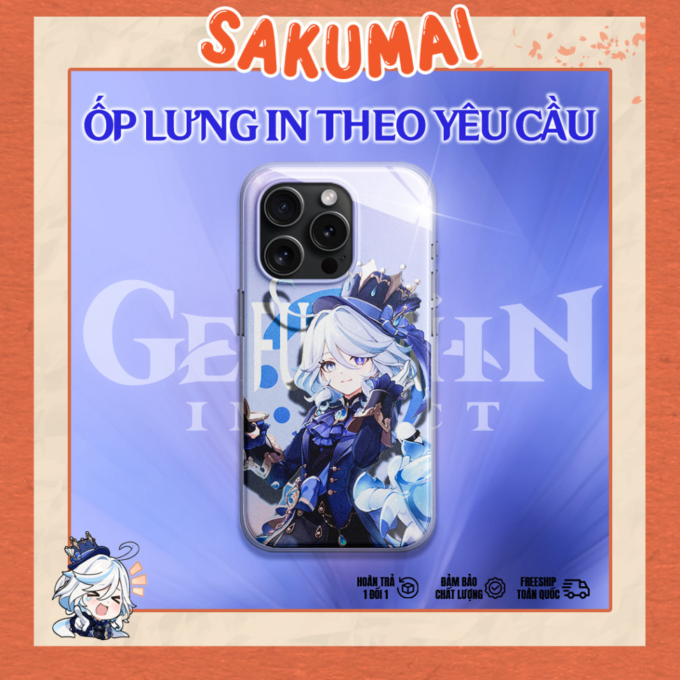Ốp Anime, Ốp Lưng iPhone Genshin Impact Furina Mặt Kính Cao Cấp,Bảo Vệ Camera iP X/XS/XR/11/12/13/14/15/16/Pro - SakuMai