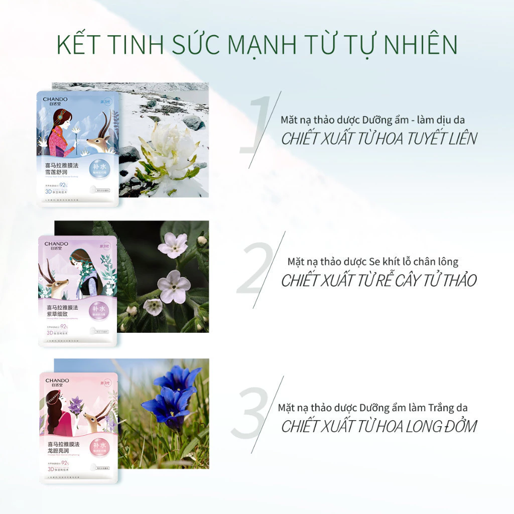 Mặt nạ CHANDO Himalaya được chiết xuất từ c&aacute;c th&agrave;nh phần thảo dược thi&ecirc;n nhi&ecirc;n gi&uacute;p cấp ẩm, l&agrave;m dịu v&agrave; cải thiện l&agrave;n da. Sản phẩm hỗ trợ dưỡng ẩm s&acirc;u, gi&uacute;p da mềm mịn, đồng thời hỗ trợ l&agrave;m s&aacute;ng v&agrave; cải thiện bề mặt da.