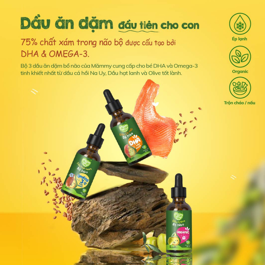 Ảnh Combo 3 dầu ăn dặm bổ não Mămmy 30ml gồm dầu Olive, cá hồi, hạt lanh bổ não cho bé 6 tháng tuổi 2