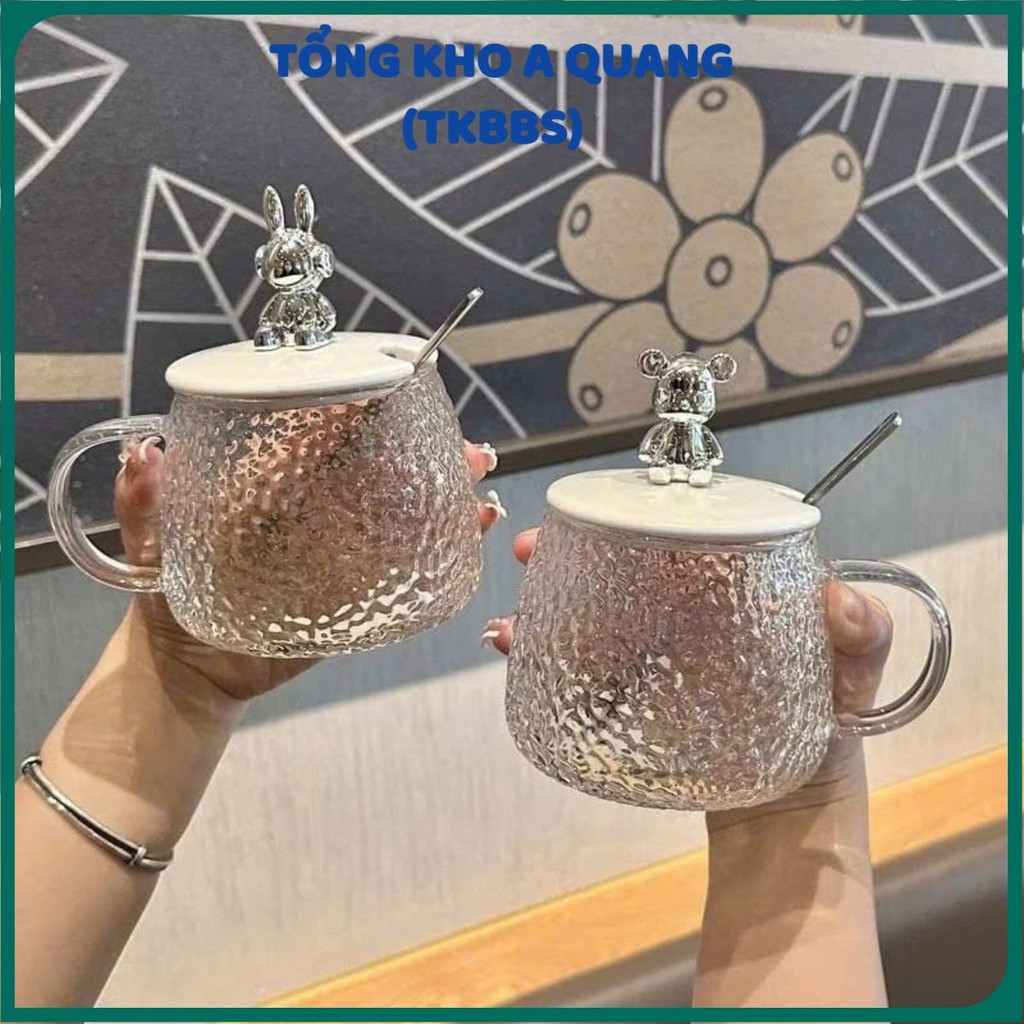 (COMBO 5) Cốc Thủy Tinh Nắp Gấu Trong Suốt Cao Cấp,Ly Thủy Tinh Chịu Nhiệt Chống Nứt - CỐC NẮP GẤU CÓ MUỖNG CHỊU NHIỆT