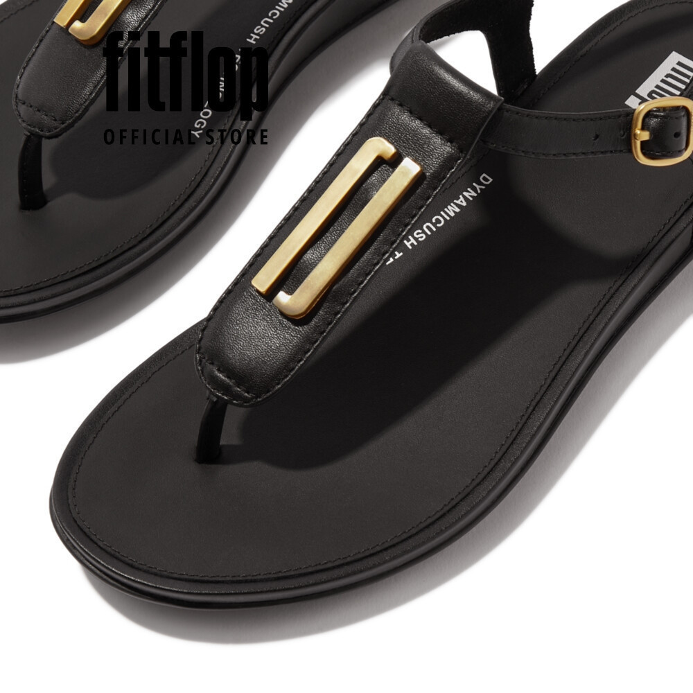 Dép Xăng Đan Nữ FitFlop Da GRACIE Viền Vàng Đai T - Black - FOT - JA5-090