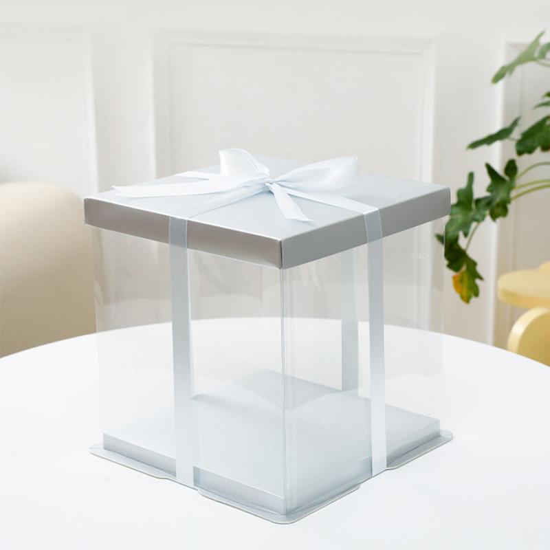 Hộp mica gấp chữ nhật trong suốt kem ruy băng nơ H40 Hộp nhựa trong đựng bánh kem, quà tặng độc đáo