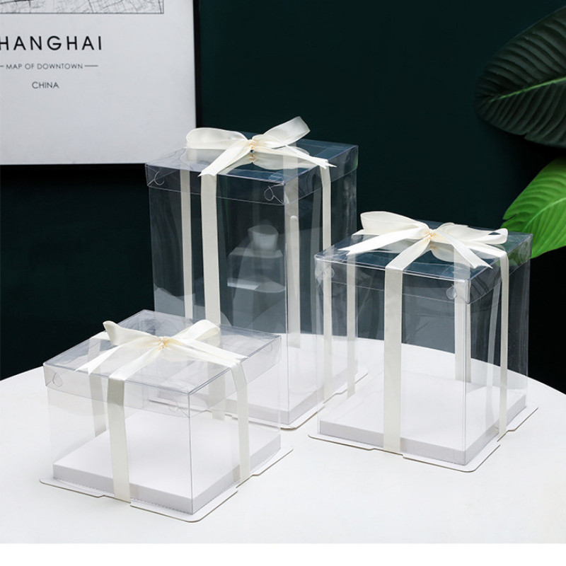 Hộp mica gấp chữ nhật trong suốt kem ruy băng nơ H40 Hộp nhựa trong đựng bánh kem, quà tặng độc đáo
