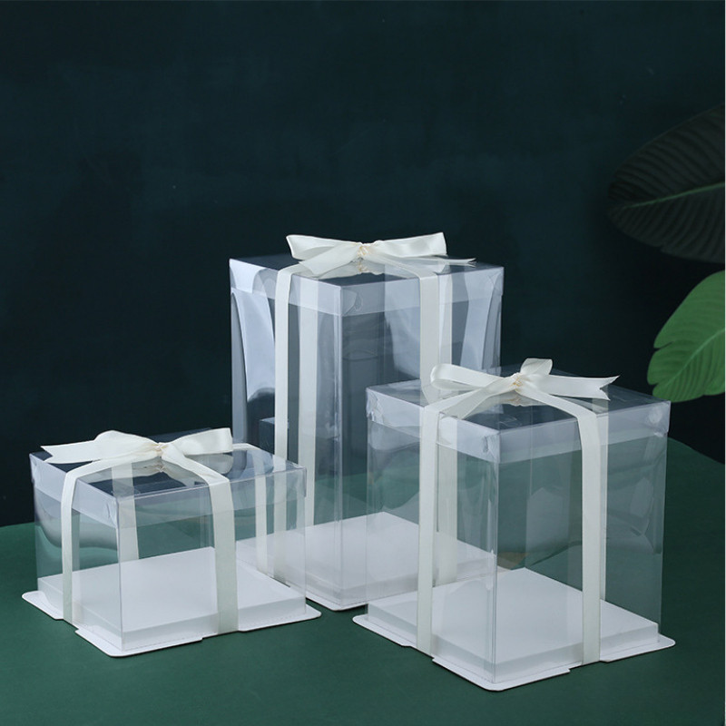 Hộp mica gấp chữ nhật trong suốt kem ruy băng nơ H40 Hộp nhựa trong đựng bánh kem, quà tặng độc đáo