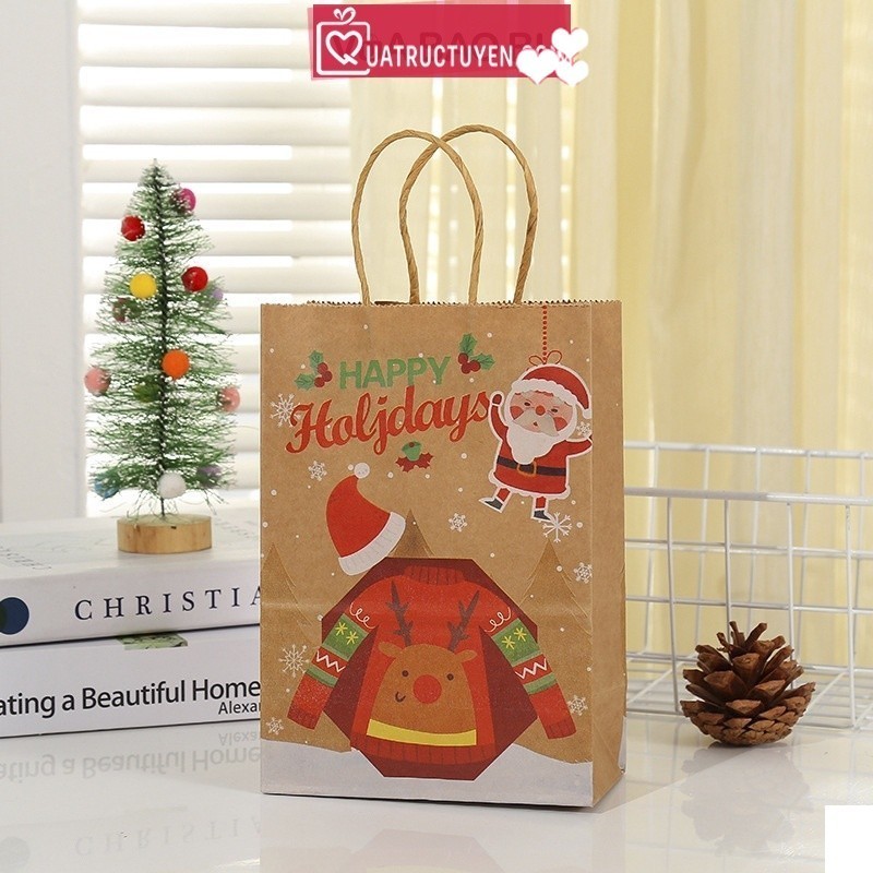[Combo 3]Túi giấy Noel TU12 túi quà tặng Giáng sinh màu kraft cây thông, người tuyết, ông già noel