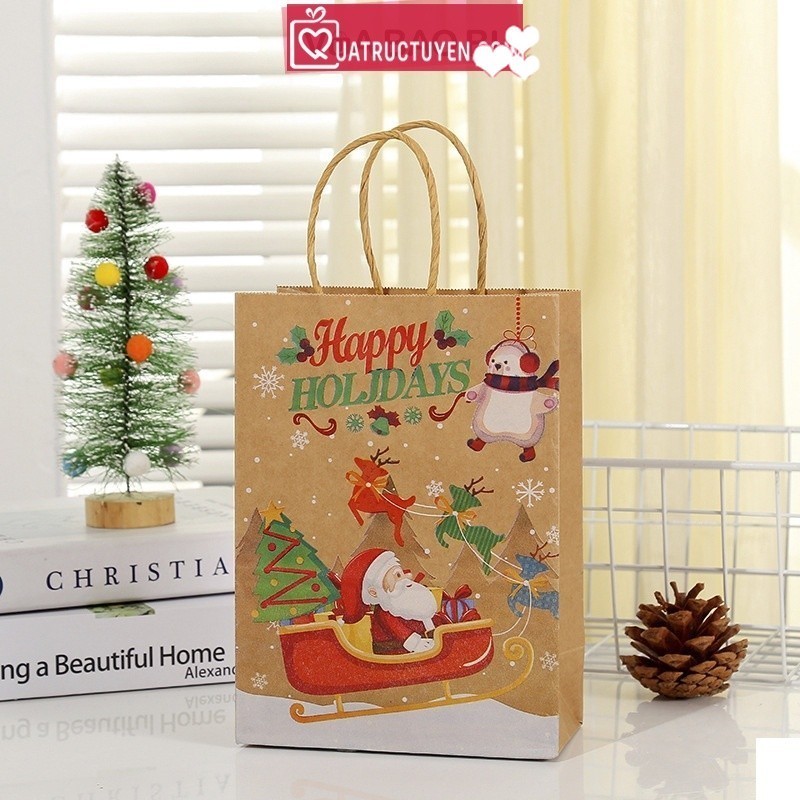 [Combo 3]Túi giấy Noel TU12 túi quà tặng Giáng sinh màu kraft cây thông, người tuyết, ông già noel